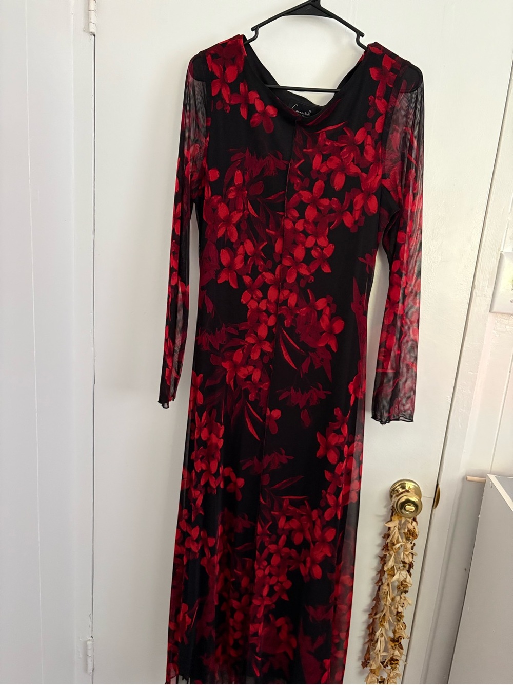 connected apparel Black Dress with Red Floral Mesh Long Sleeves